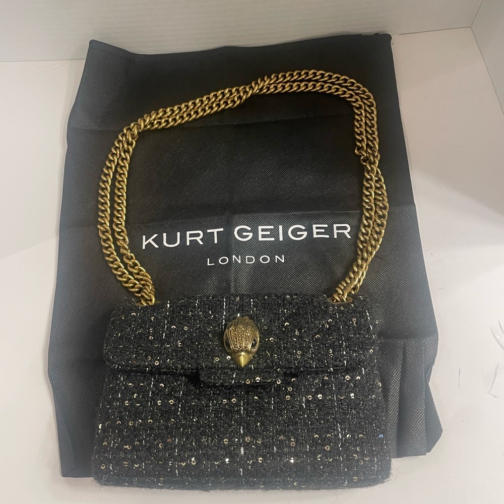 Kurt Geiger Charcoal Tweed Shoulder Bag with Gold Chain